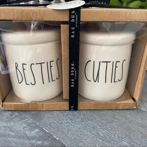 Rae Dunn BESTIES /CUTIES Ceramic 2pc Mini Canisters Gray Heart Topper NEW